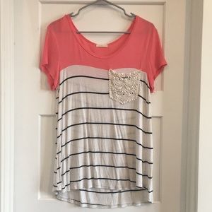 Flowing Striped Tee with Lace Pocket
